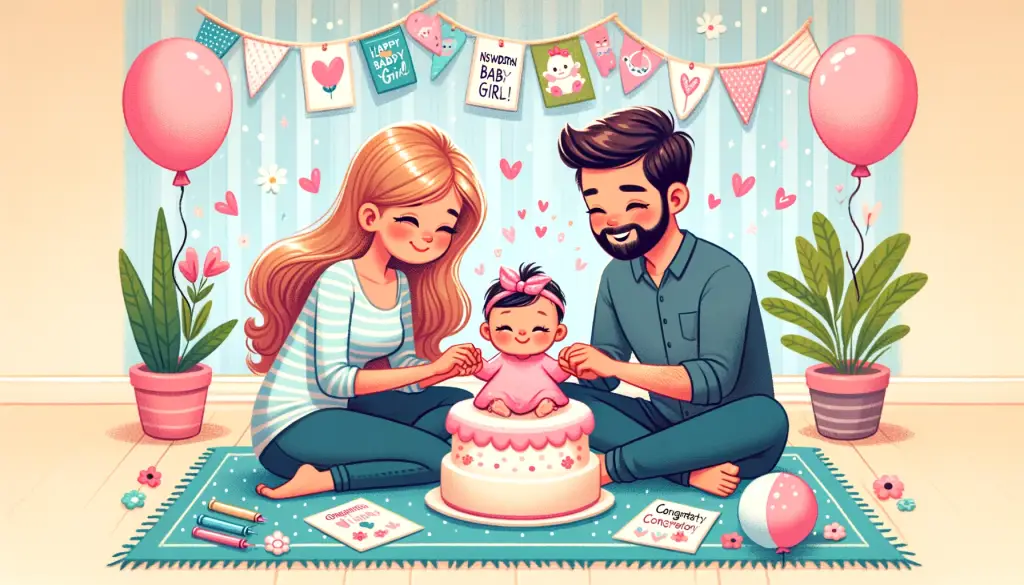 Delightful cartoon scene of parents adoring their baby girl, with heartfelt wishes expressed through colorful cards and balloons, capturing the essence of 'Wishes for a Newborn Baby Girl' in a vibrant home setting.