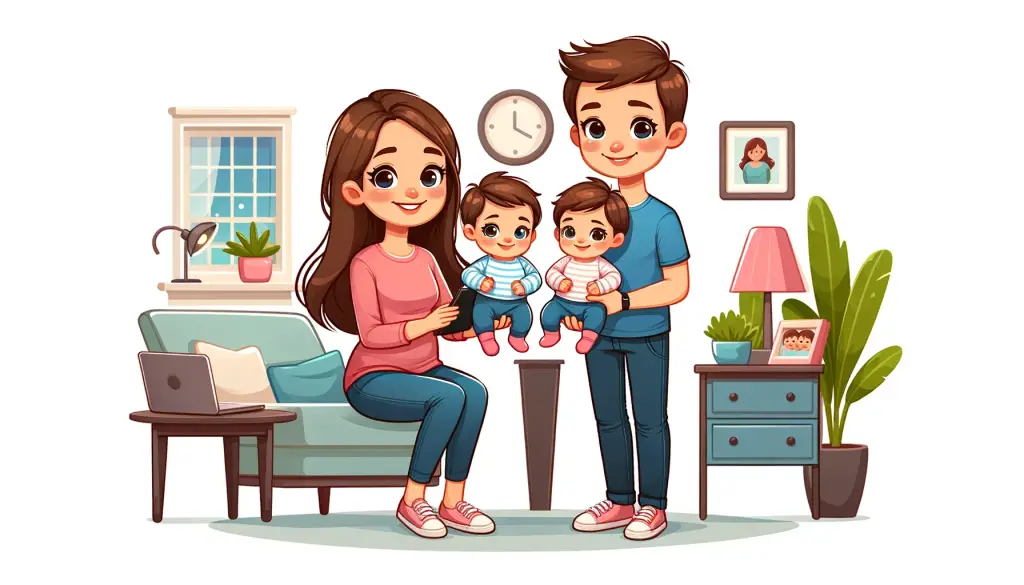 Charming cartoon depiction of a couple holding their twin babies with tenderness and love, perfectly embodying the theme of 'New Baby Wishes for Twins and Triplets' in a delightful family scene.