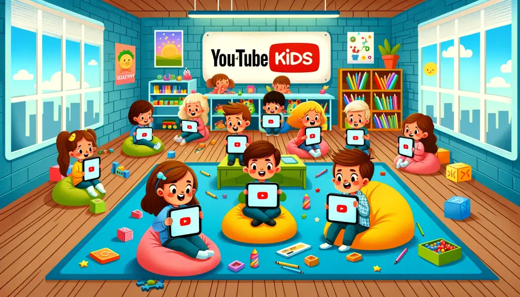 A vibrant cartoon of children in a playroom, each focused on tablets displaying YouTube Kids, highlighting 'YouTube Kids and Educational Content' in a fun setting.