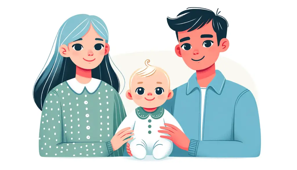 Cartoon illustration of loving parents embracing their adopted baby, filled with warmth and joy, symbolizing 'Adoption Baby Wishes' in a heartwarming family setting.