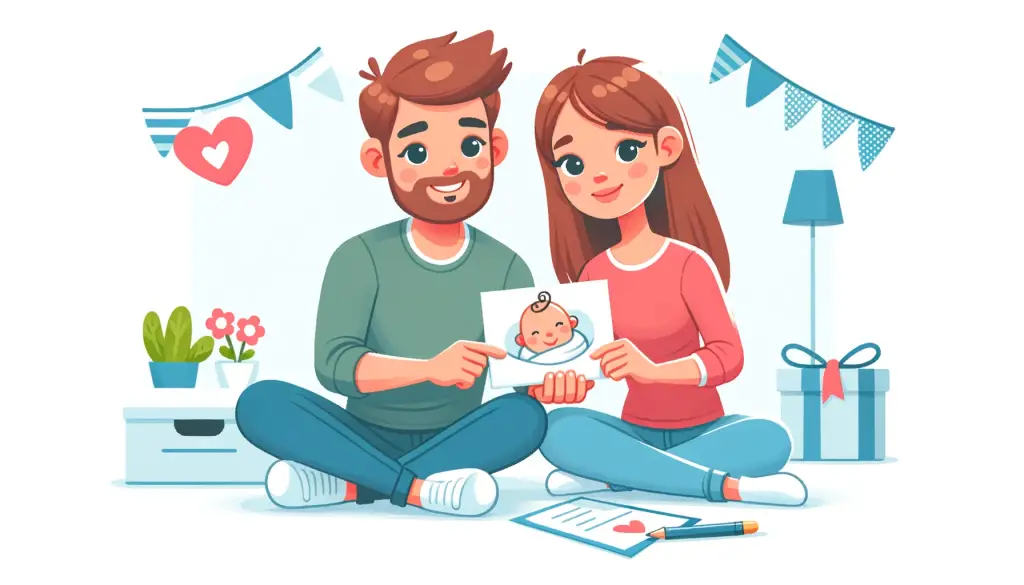 Cartoon illustration of a happy family, showcasing parents holding their newborn baby with a new baby card, depicting the essential elements of a new baby card, in a warm and loving home setting.