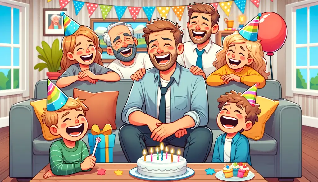 Cartoon image of a dad enjoying birthday jokes with his family, capturing the essence of happy birthday jokes for dads in a cheerful home celebration.