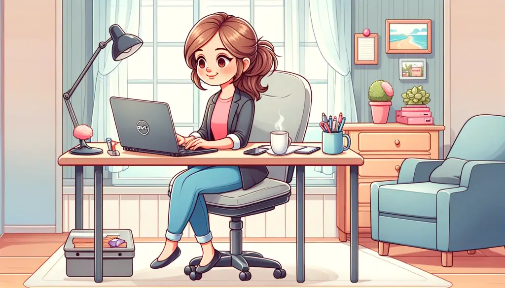 Top laptop picks for moms included: Cartoon illustration of a mom working on a Dell Inspiron laptop in a bright home office, symbolizing a perfect balance of professionalism and home comfort.