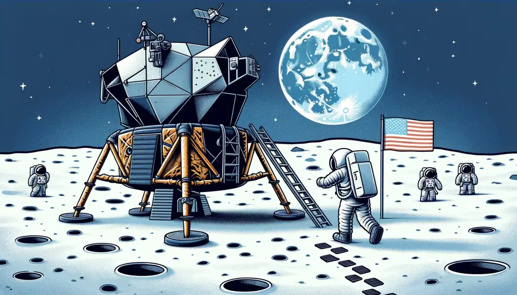 Playful cartoon illustration of the Apollo 11 moon landing, showing Neil Armstrong stepping onto the lunar surface from the module, with the Earth visible in the background, capturing the historic and educational essence of this monumental space exploration event.