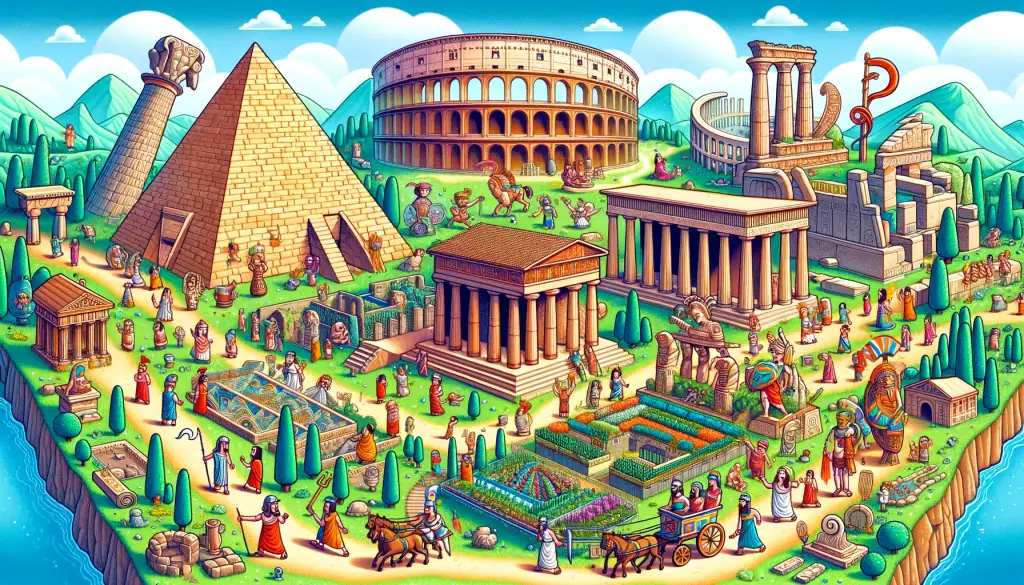 Cartoon illustration of major historical landmarks combined in a playful scene, featuring the Great Pyramids of Egypt, the Roman Colosseum, the Parthenon in Greece, and the Hanging Gardens of Babylon, with cartoon characters in ancient attire engaging in activities like chariot racing and gardening.