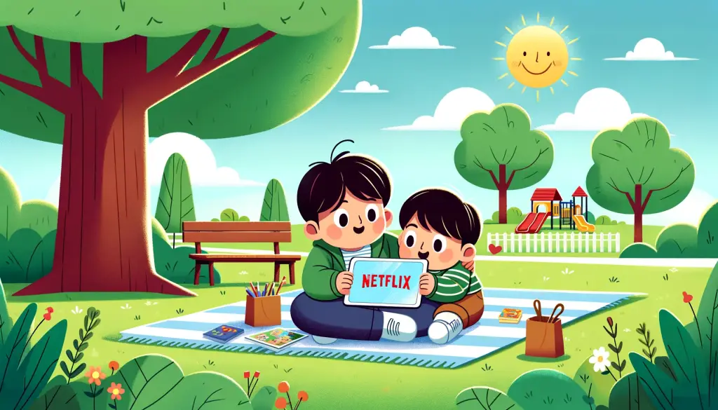 Cartoon illustration of a toddler and parent bonding over a Netflix animated show on a tablet, sitting together on a picnic blanket in a sunny park, highlighting a harmonious blend of screen time and outdoor family activities.