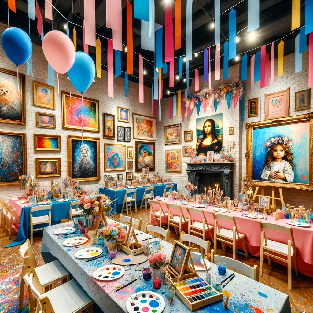 Artistic Flair Gender Reveal Party Theme with art reproductions, art supply themed decor and lots of bright and vibrant colours