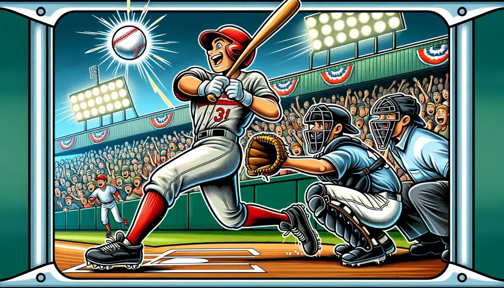 A lively cartoon scene from a baseball game, depicting a batter swinging at a pitch with an umpire and catcher in action, surrounded by an energetic crowd in a packed stadium, highlighting the thrill of a baseball game.