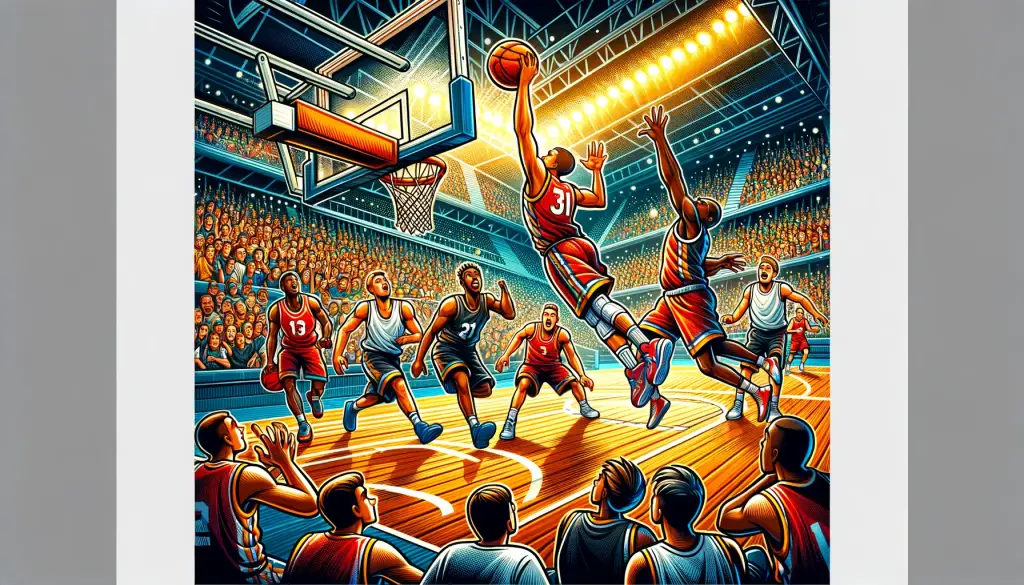 Cartoon illustration of a basketball game with a player making a slam dunk on the court, surrounded by an energetic crowd in the arena, capturing the athleticism and excitement of basketball.