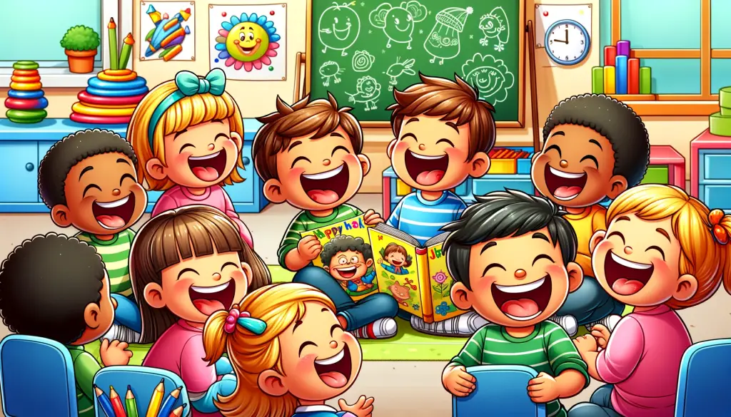 Cartoon illustration of a group of 5-year-old children laughing at a joke in a colorful classroom, symbolizing the joy of shared humor in an educational setting.