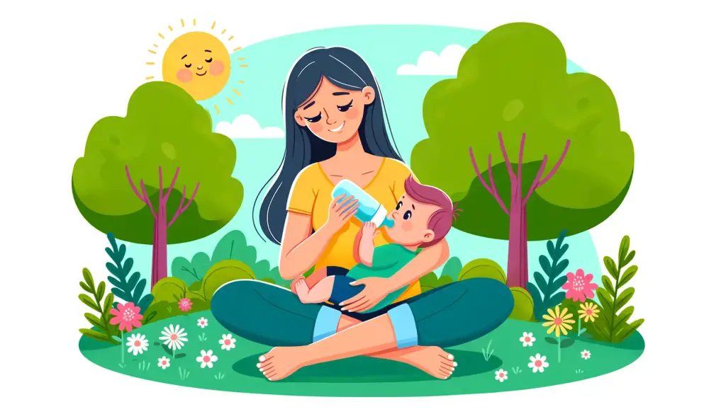 Vibrant cartoon depiction of a mother sitting in a park, joyfully bottle-feeding her baby surrounded by greenery, conveying happiness and a strong maternal bond.