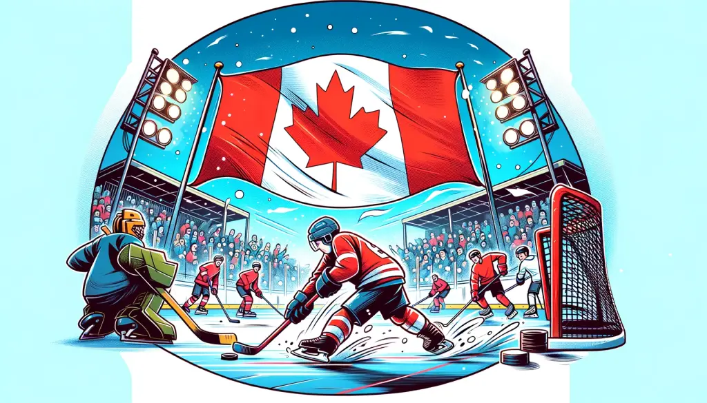 Cartoon illustration of a lively ice hockey game in Canada, featuring players in action on an ice rink with the Canadian flag in the background, symbolizing the sport's popularity in Canada.