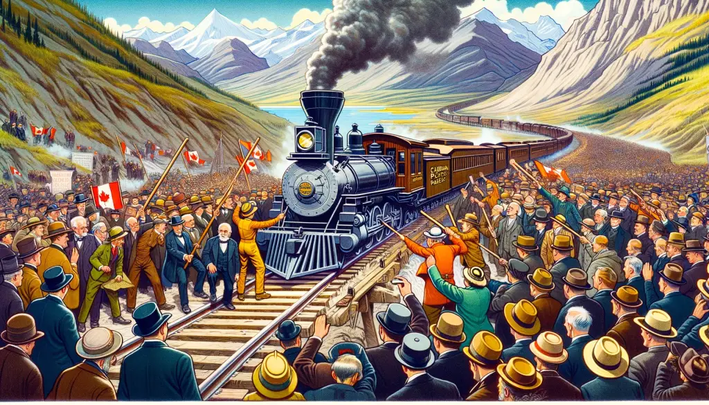 Vibrant cartoon illustration of the Last Spike of the Canadian Pacific Railway in 1885, showing Donald Smith driving the final spike with a crowd of workers and officials, set against Western Canada's rugged terrain, symbolizing the unification of Canada through this transcontinental project.