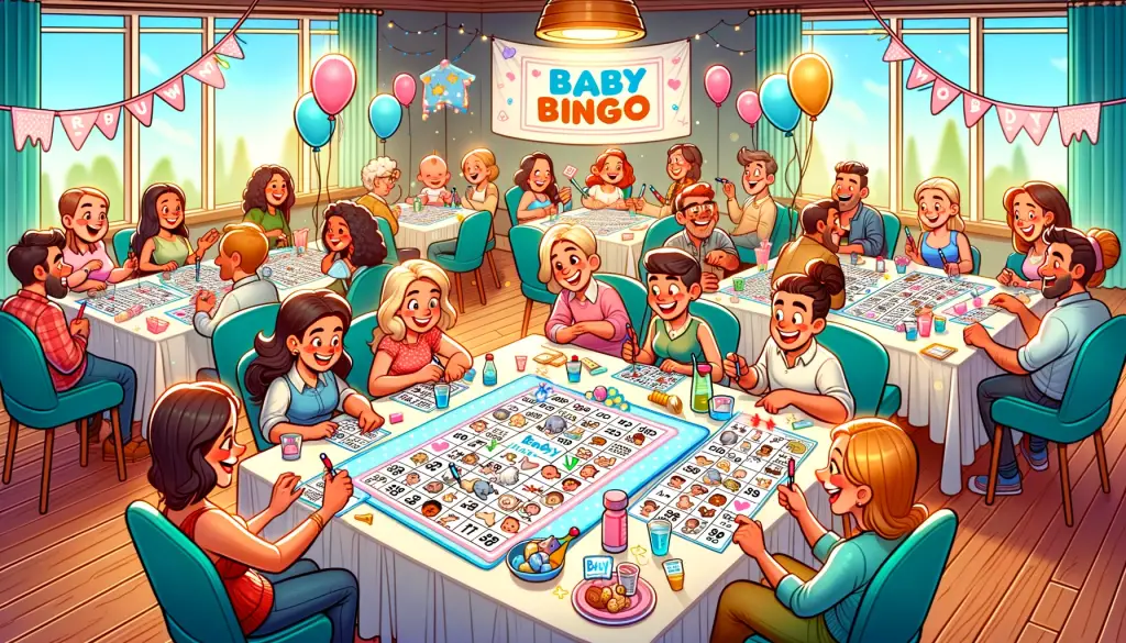 Cartoon illustration of a lively baby shower with guests playing Baby Bingo. The scene shows a cheerful group of diverse characters seated around tables in a festively decorated room, with streamers, balloons, and a 'Welcome Baby!' banner. Each guest is focused on their Baby Bingo card, marking items with excitement. The image, in a 16x9 format, vividly captures the joyous atmosphere of the baby shower, with guests engaged in the game and smiling broadly.