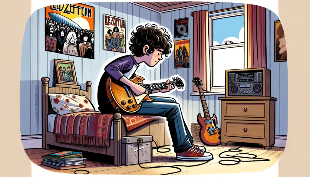 Teenager engrossed in playing classic songs on an electric guitar in a room adorned with classic rock memorabilia, reflecting deep admiration for and connection to the era of classic rock legends.