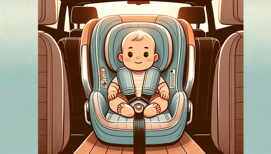 Baby smiling in a rear-facing convertible car seat, showing safety harness and side-impact protection in a family car interior, emphasizing child safety and comfort in a vehicle setting.