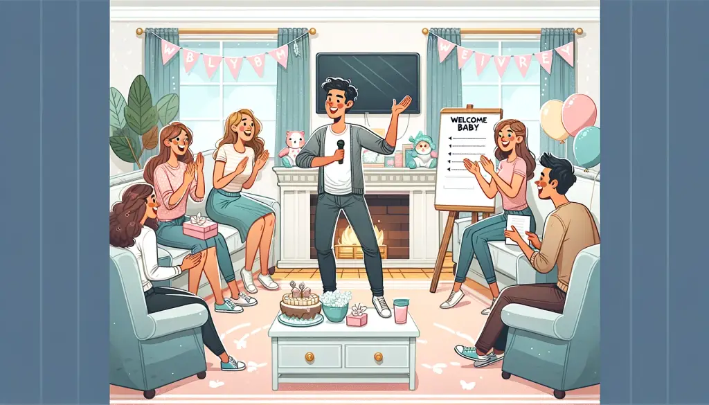 guests playing charades at a baby shower, with one person animatedly acting out a clue in a pastel-decorated living room, as others excitedly guess, enhancing the joyful and interactive spirit of the celebration.