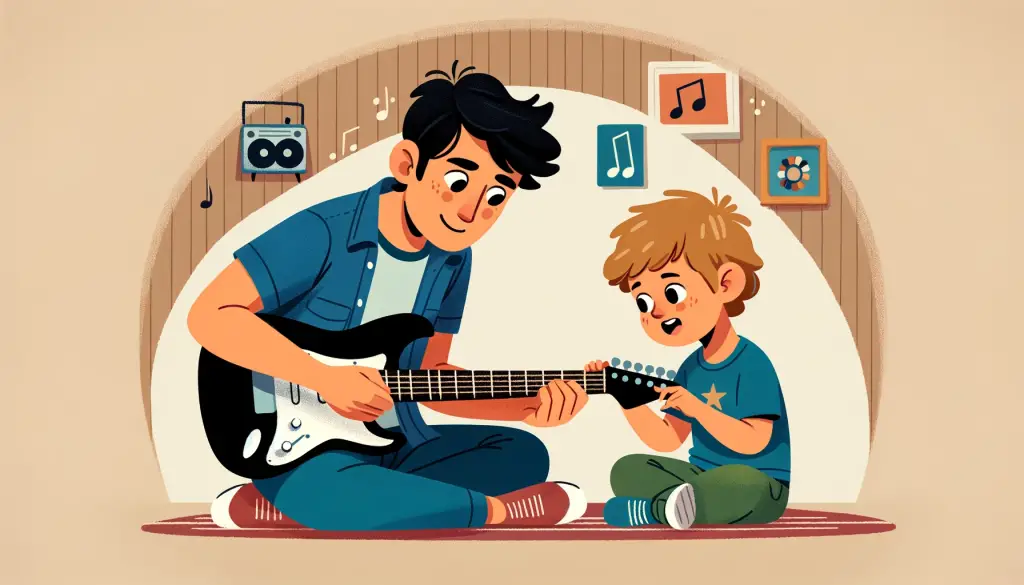 Parent and child sharing a bonding moment with an electric guitar lesson at home, emphasizing the joy of musical education and family love for music while learning their first Disney song on guitar.