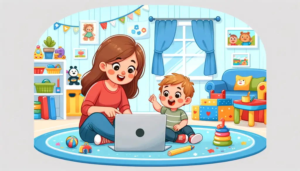 Cartoon illustration of a toddler and parent enjoying educational screen time, sitting on the floor in a colorful living room, excitedly watching an educational Netflix show on a laptop, surrounded by toys and child-friendly decor.