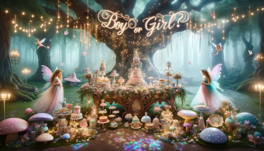 enchanted fairy tale themed gender reveal party with fairies and decor to make it feel like a classic storybook setting.