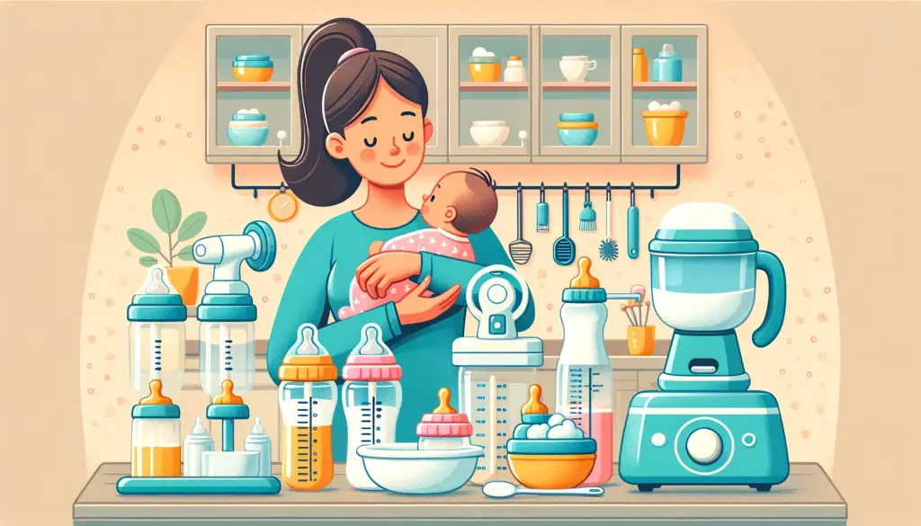 Colorful cartoon illustration of a mother in her kitchen, juggling bottle feeding her baby with various bottle-feeding equipment around, depicting the diverse aspects of feeding and care in a homely environment.