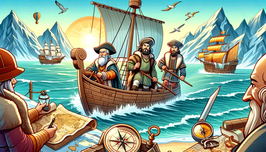 Dynamic cartoon depiction of ancient explorers on their voyages, with Ferdinand Magellan navigating the Straits of Magellan, Leif Erikson landing in North America, and Zheng He on his treasure ship, highlighting their adventurous spirit amid diverse global landscapes.