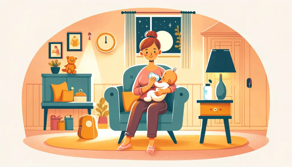 A comforting cartoon of a mom breastfeeding in a cozy living room, holding an adult water bottle, depicting the importance of hydration for nursing moms at home.