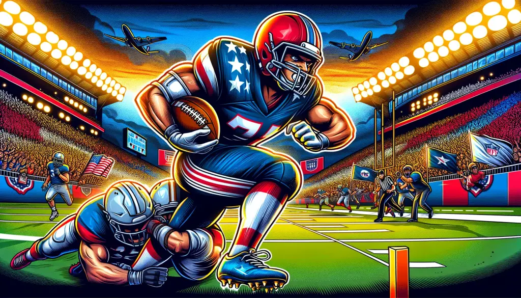 A vibrant cartoon scene from an American football match, showing a running back dodging tackles, highlighting the intensity, teamwork, and excitement of the game in a stadium filled with enthusiastic fans and team flags.