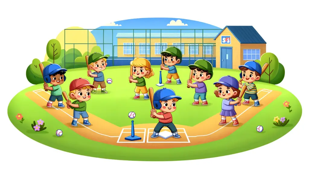 Fun Batting Practice Drills and Exercises - Cartoon illustration of a young boy in a neighborhood park during his first baseball practice. The eight-year-old, in a baseball cap and casual attire, is focused on hitting a baseball off a tee with a bat. Beside him, a coach or parent is offering guidance and encouragement. The vibrant background features other kids playing, lush green trees, and a sunny sky, depicting an engaging and enjoyable community sports atmosphere.