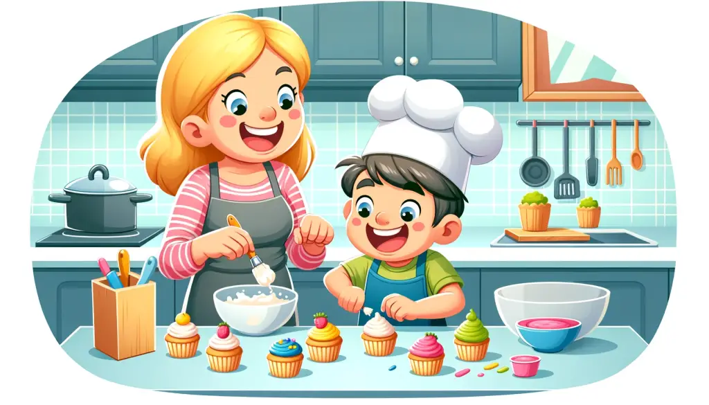 Cartoon illustration of a 5-year-old child joyfully decorating cupcakes with a parent in a bright kitchen, symbolizing family bonding and creativity in funny food jokes.
