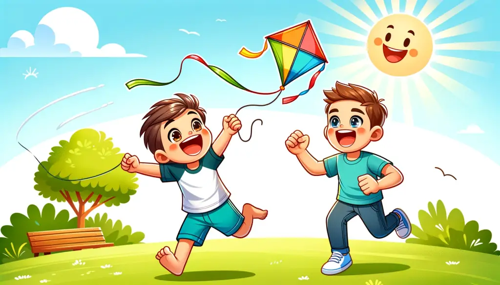 Cartoon illustration of a 5-year-old child running with a colorful kite in a sunny park, laughing joyously, while a parent cheers on, capturing the essence of joyful and energetic outdoor family fun.