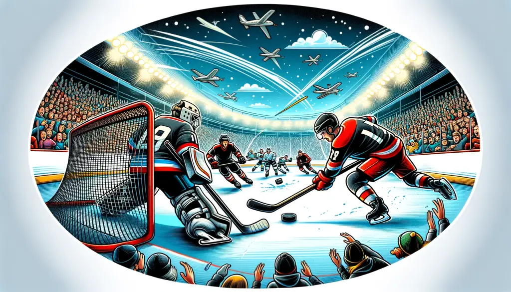 A cartoon illustration of a lively hockey game, featuring players in a competitive match on an ice rink with an enthusiastic crowd, highlighting the excitement and skill of hockey.