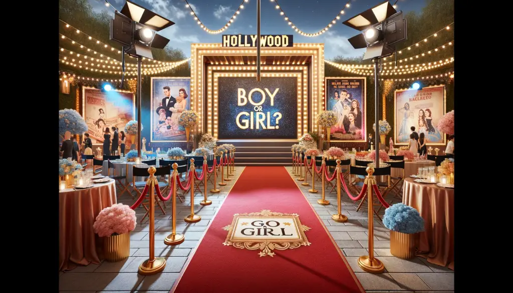 Hollywood Glamour Gender Reveal Party Theme with the red carpet, movie posters, stage lights, and a marquee asking Boy or Girl?
