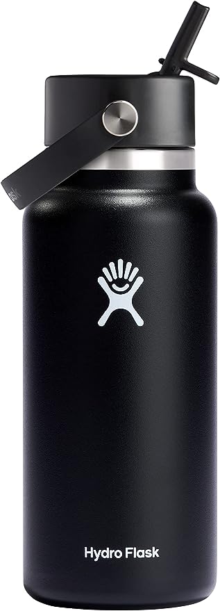 Hydro Flask Stainless Steel Wide Mouth Water Bottle with Flex Straw Lid and Double-Wall Vacuum Insulation