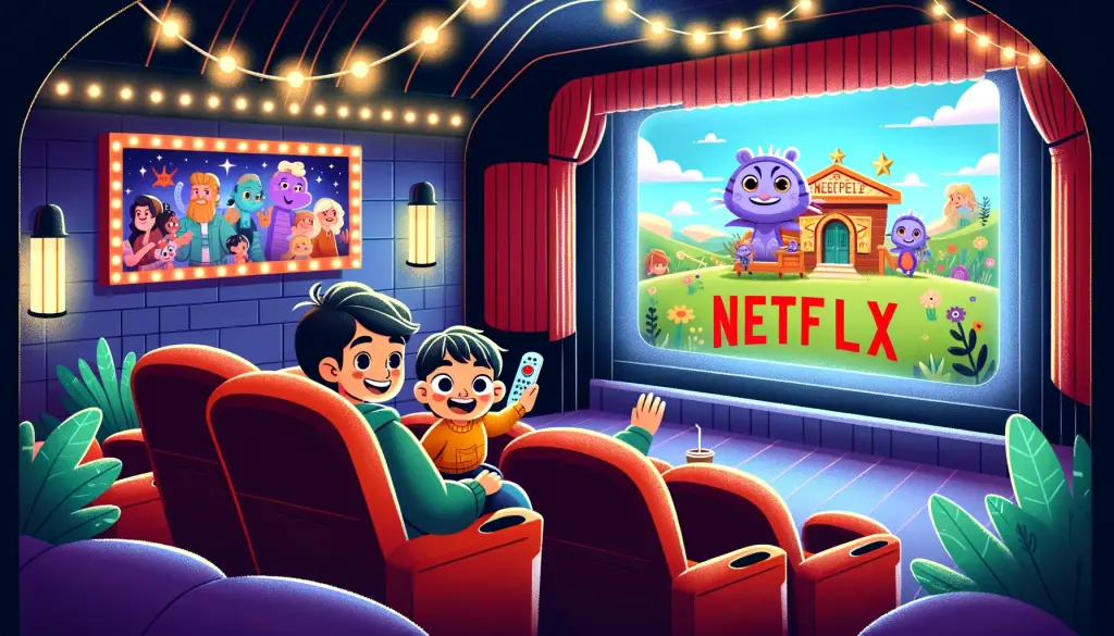 Cartoon illustration of a toddler and parent enjoying an interactive Netflix show in a cozy home theater setting, with comfortable chairs and a large screen, depicting a delightful family movie night experience.