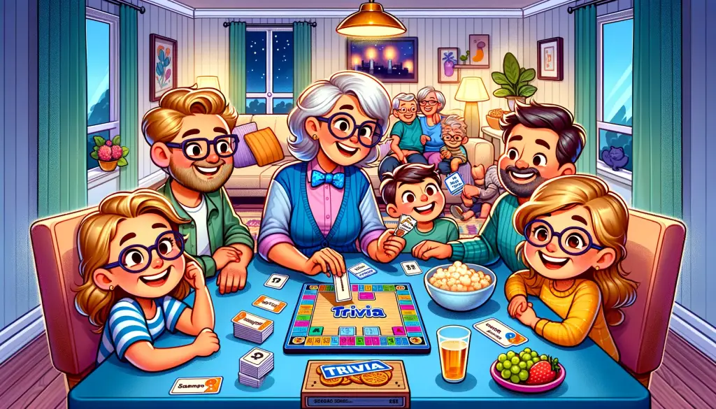 A vibrant cartoon illustration of a multi-generational family, including kids, parents, and grandparents, enjoying a trivia game night together. This heartwarming scene, set in a cozy living room, showcases the family gathered around a table filled with trivia cards, a board, and snacks. The grandparents are seen engaging with the kids over a trivia card, with everyone showing excitement and curiosity. The parents smile warmly, cherishing the intergenerational bonding. The room's warm decor highlights a family-friendly atmosphere, making this image a perfect representation of family unity, educational games, and the joys of multi-generational interactions.
