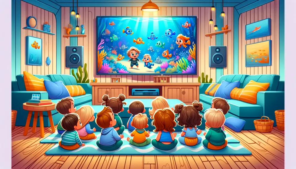 engaged toddlers in a cozy living room, watching a Disney vibrant underwater adventure on TV, with sea-themed room decor.