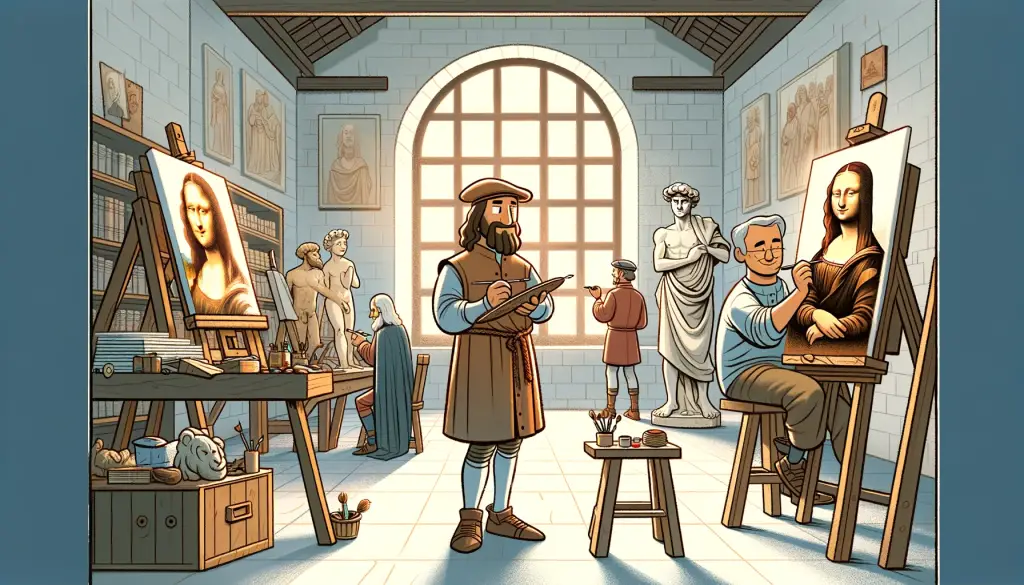 Serene cartoon depiction of a Renaissance workshop, with Leonardo da Vinci painting the Mona Lisa, Michelangelo sculpting David, and Raphael sketching, highlighting the calm focus and legendary skill of these artists.