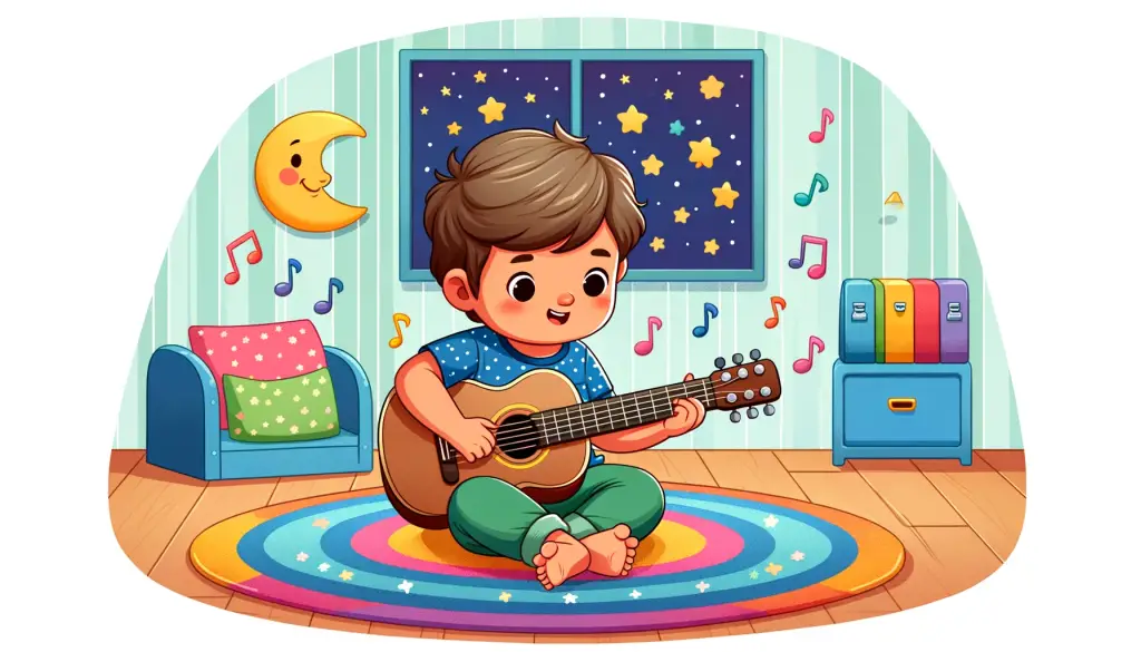 Young child sitting on a colorful rug, focused on playing nursery rhymes on an acoustic guitar, in a star-themed vibrant room, symbolizing early musical education and joy.