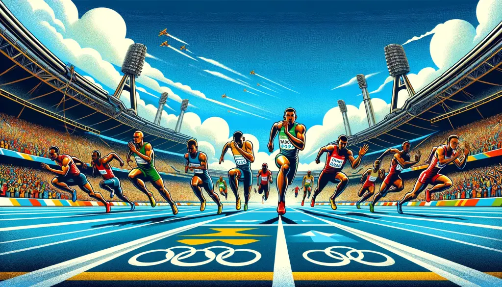 An illustration of an Olympic sprint race showing athletes running down the lanes with the stands and fans in the background.