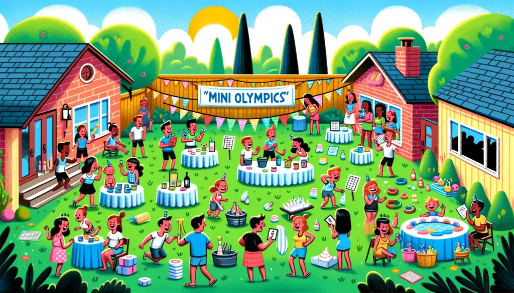 Colorful cartoon depiction of a playful backyard Mini Olympics during a baby shower, with cheerful guests engaging in fun games and surrounded by festive decorations.