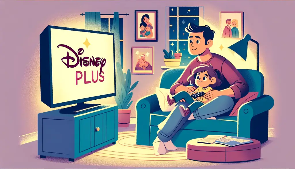 Warm and inviting scene of a parent and toddler snuggled on a sofa, watching a Disney Plus show, depicting a cozy family movie night.