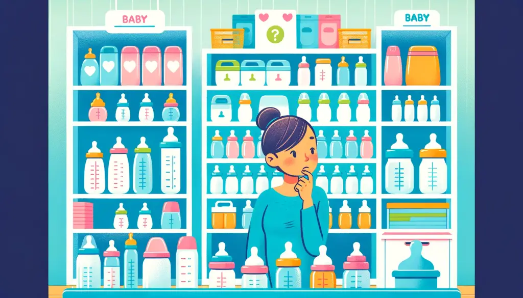 Vivid cartoon illustration showing a mother in a baby store, carefully choosing from a diverse selection of baby bottles, highlighting the range of options available for infant feeding.