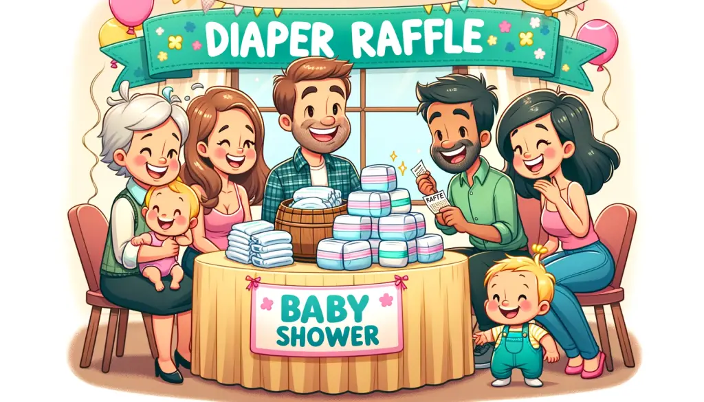 A cheerful, cartoon-style illustration of a small group of guests at a diaper raffle baby shower. The scene shows a few guests smiling and chatting around a table with a small pile of diaper packages on it, enhancing the intimate and friendly atmosphere typical of a baby shower.