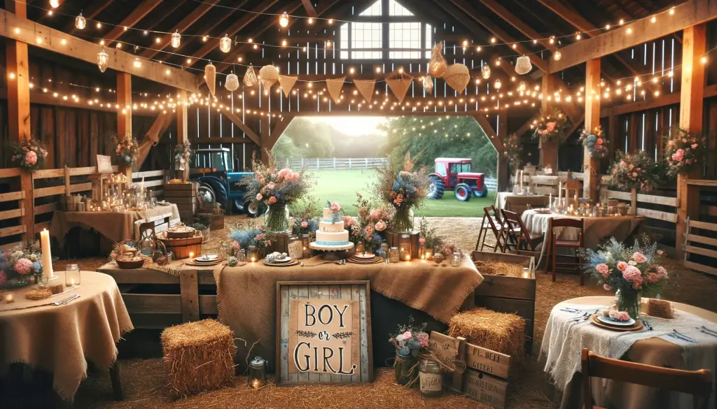 Rustic Charm baby gender reveal party theme with burlap table runners, earthy colours, farm equipment accents, and hosted in a barn