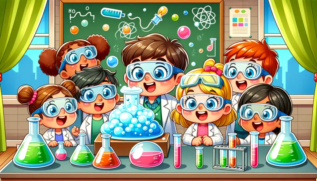 Kindergarten-aged children in a cartoon, wearing lab coats and safety goggles, engaging in a colorful science experiment with beakers and test tubes in a cheerful classroom setting, highlighting a fun and educational atmosphere.