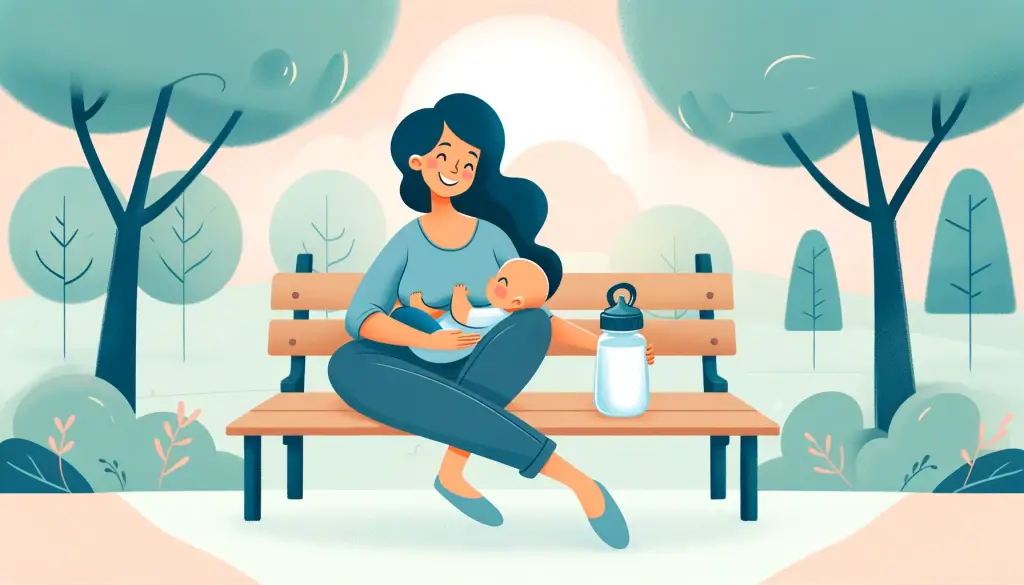 A serene illustration of a breastfeeding mom on a park bench, joyfully holding her baby and an adult water bottle, symbolizing the balance of motherhood and self-care.