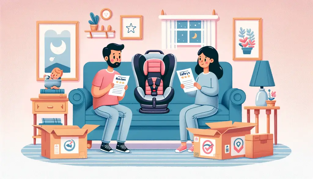 Parents in a cozy living room evaluating a travel system and a convertible car seat, with safety reviews in hand, highlighting the thoughtful research involved in choosing the best car seat for their child.
