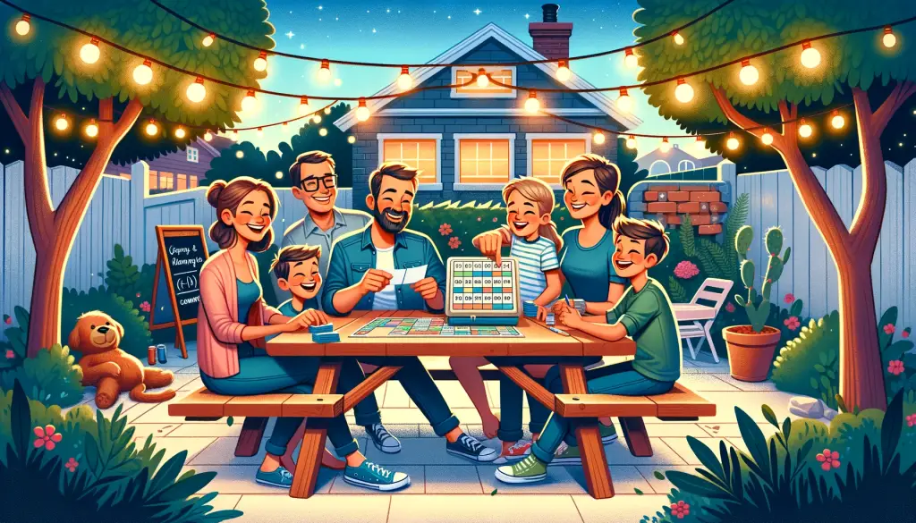 Experience the joy of family bonding with this delightful illustration of a family trivia night outdoors. Set in a picturesque backyard in Vancouver, this image captures a family, including parents and three young boys, engaged in an exciting game of trivia. The scene, illuminated by string lights, exudes warmth and happiness. Gathered around a picnic table, the family's laughter and playful competition under the stars are vividly portrayed, making it an ideal representation of quality family time. This image perfectly embodies the spirit of outdoor family activities, trivia games, and the essence of fun family gatherings.