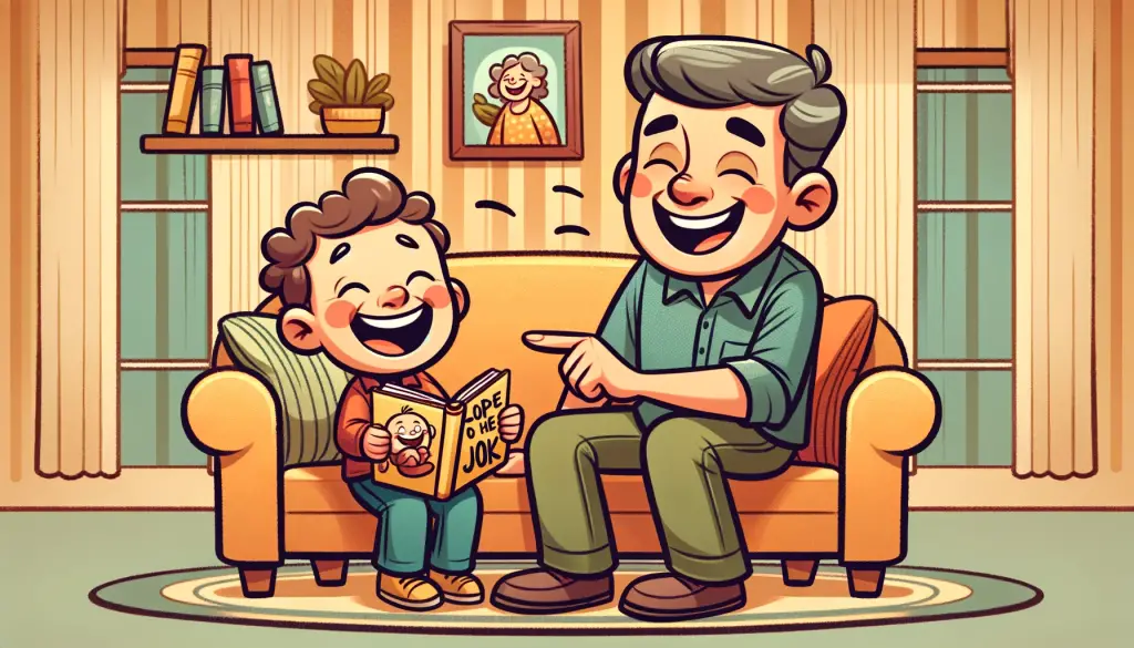 Cartoon illustration of a 5-year-old child laughing with a parent in a cozy living room, sharing a joke book, depicting a special bonding moment filled with joy and shared humor.